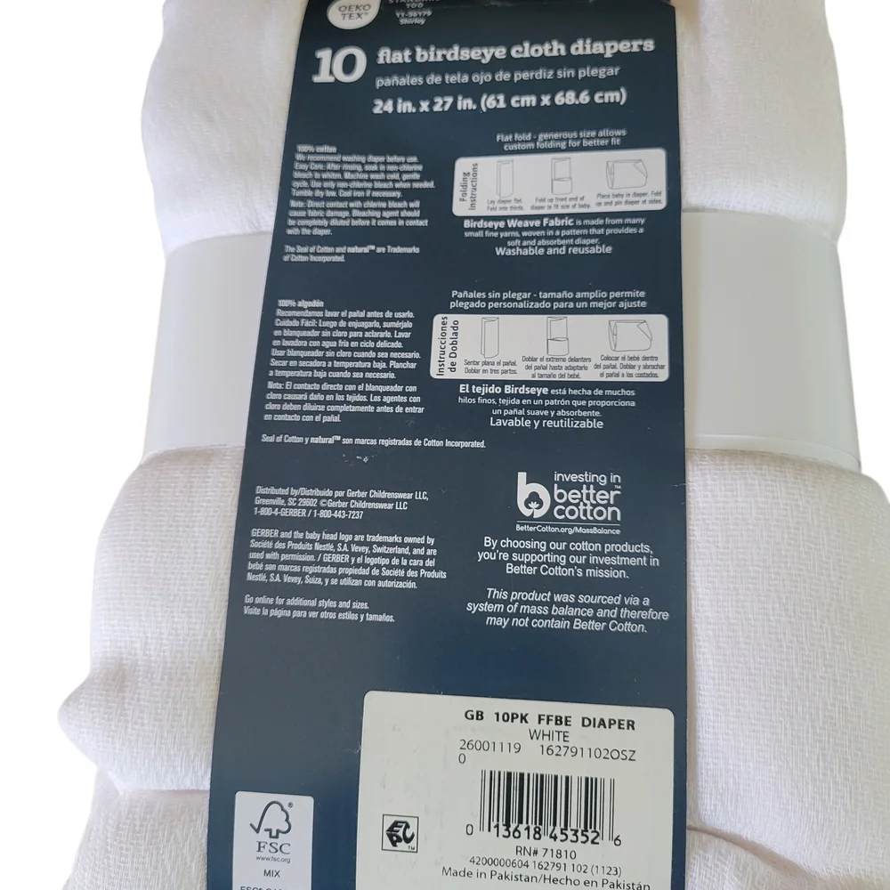 Gerber White Birdseye Cloth Diapers 10 Pack - Picture 2 of 2